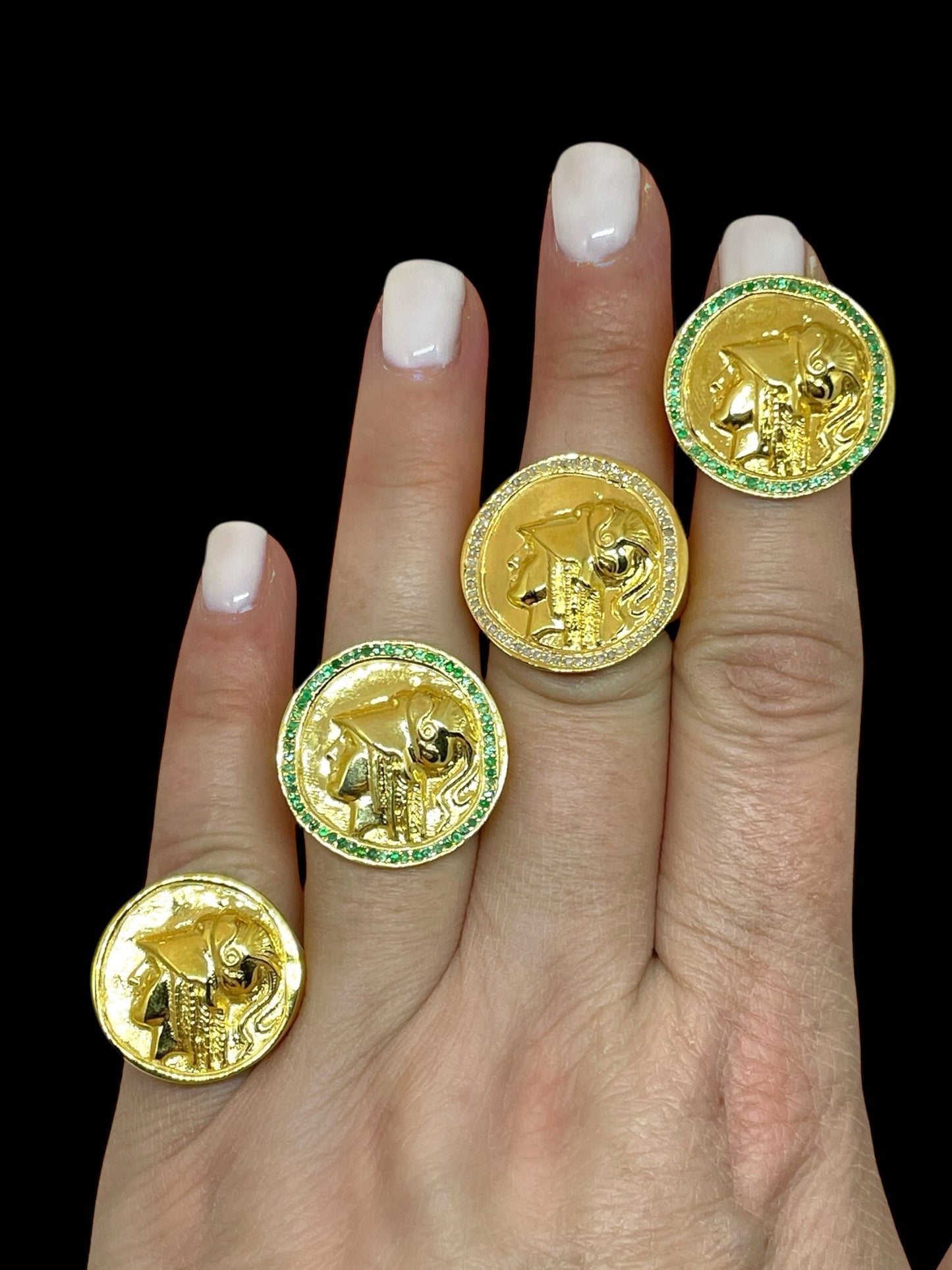 Ancient coin ring 18k gold plated sterling silver emeralds