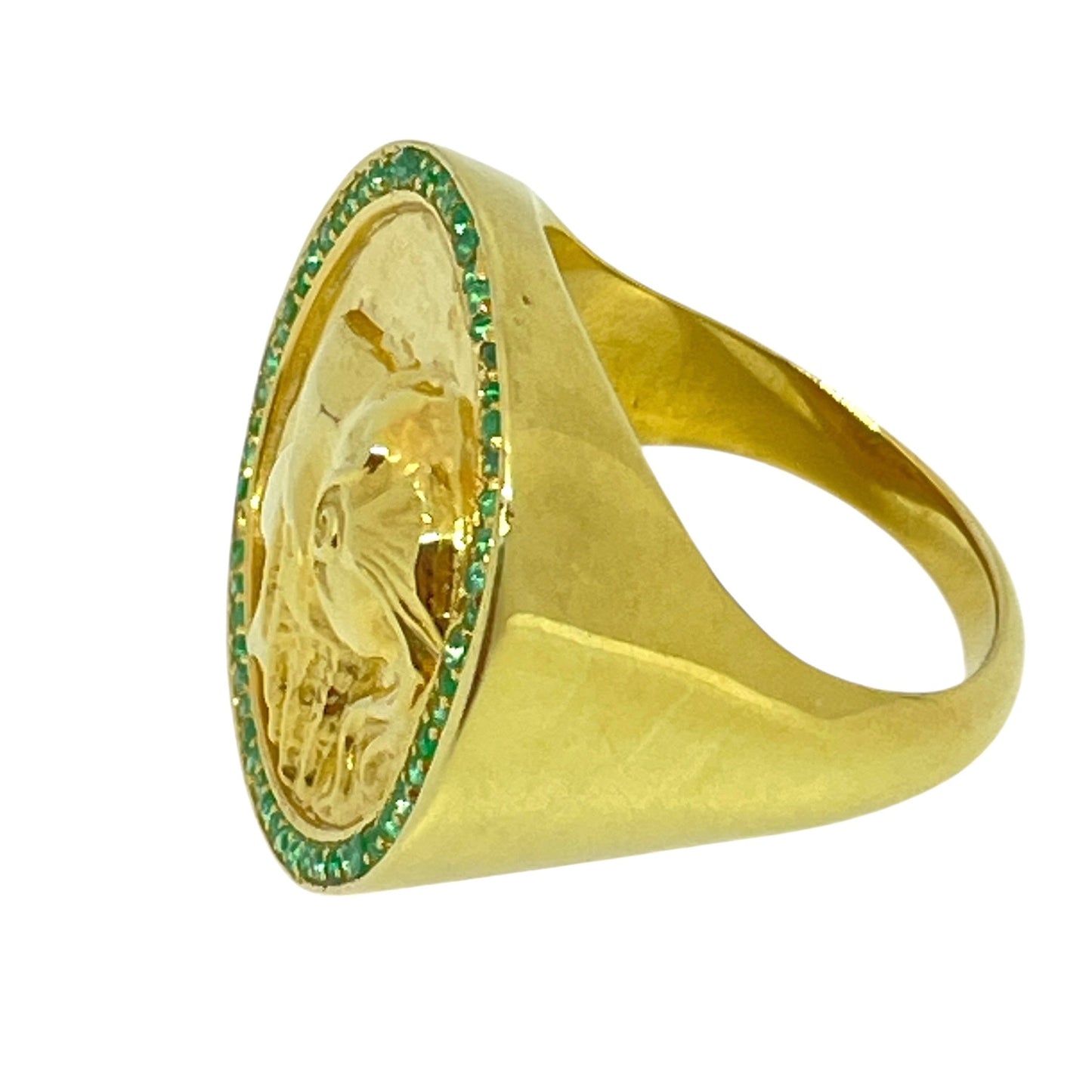 Ancient coin ring 18k gold plated sterling silver emeralds