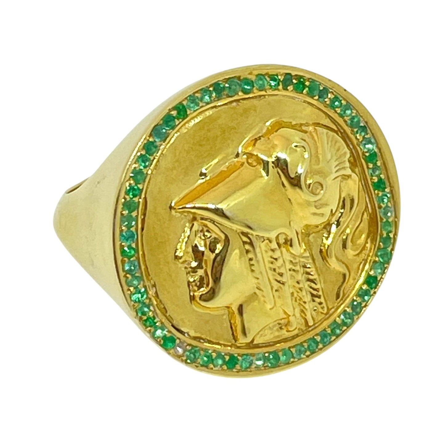 Ancient coin ring 18k gold plated sterling silver emeralds