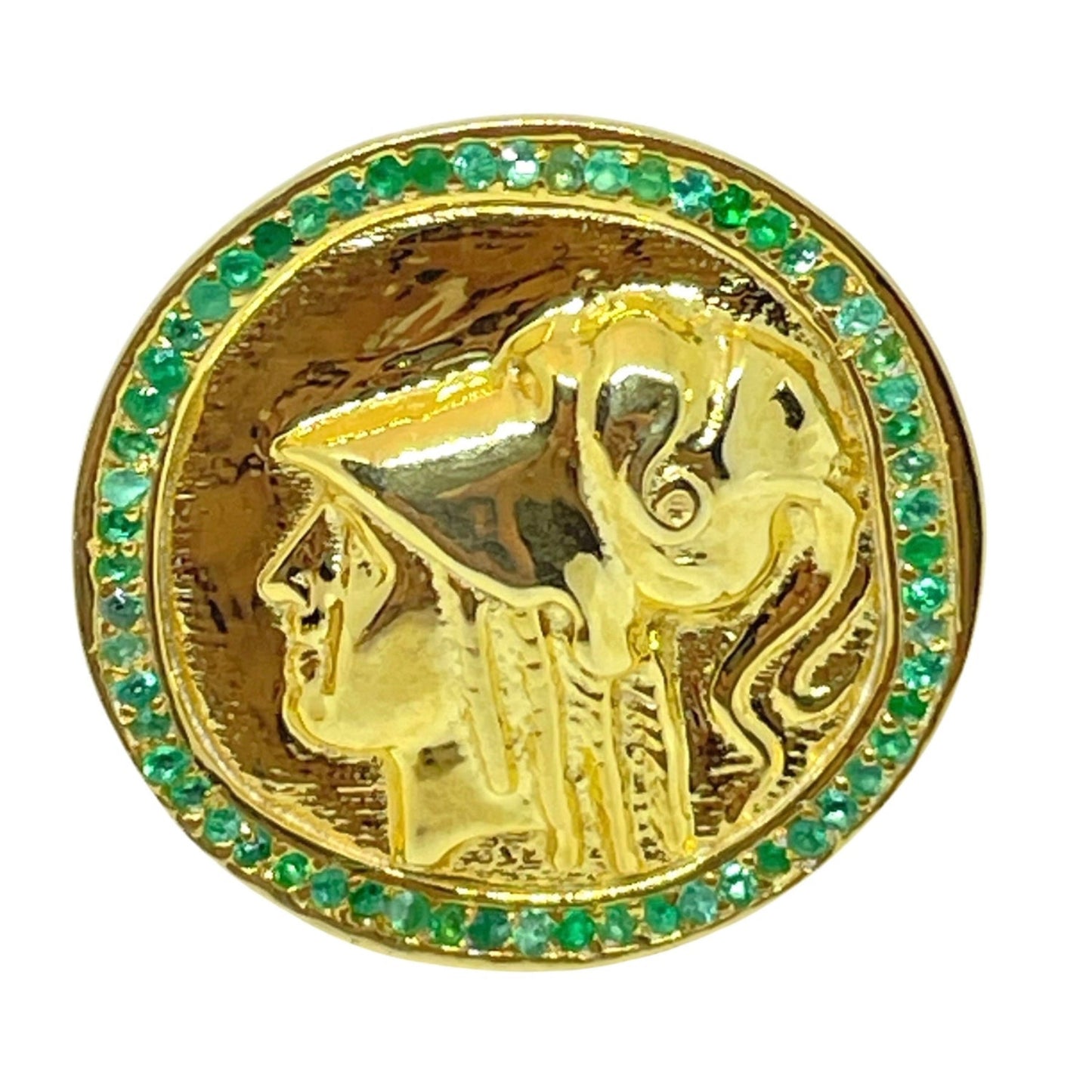 Ancient coin ring 18k gold plated sterling silver emeralds